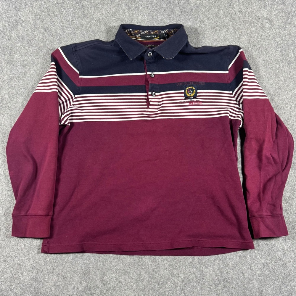 Crocodile Polo Shirt Mens M Burgundy Navy Striped Long Sleeve Rugby Club Crest